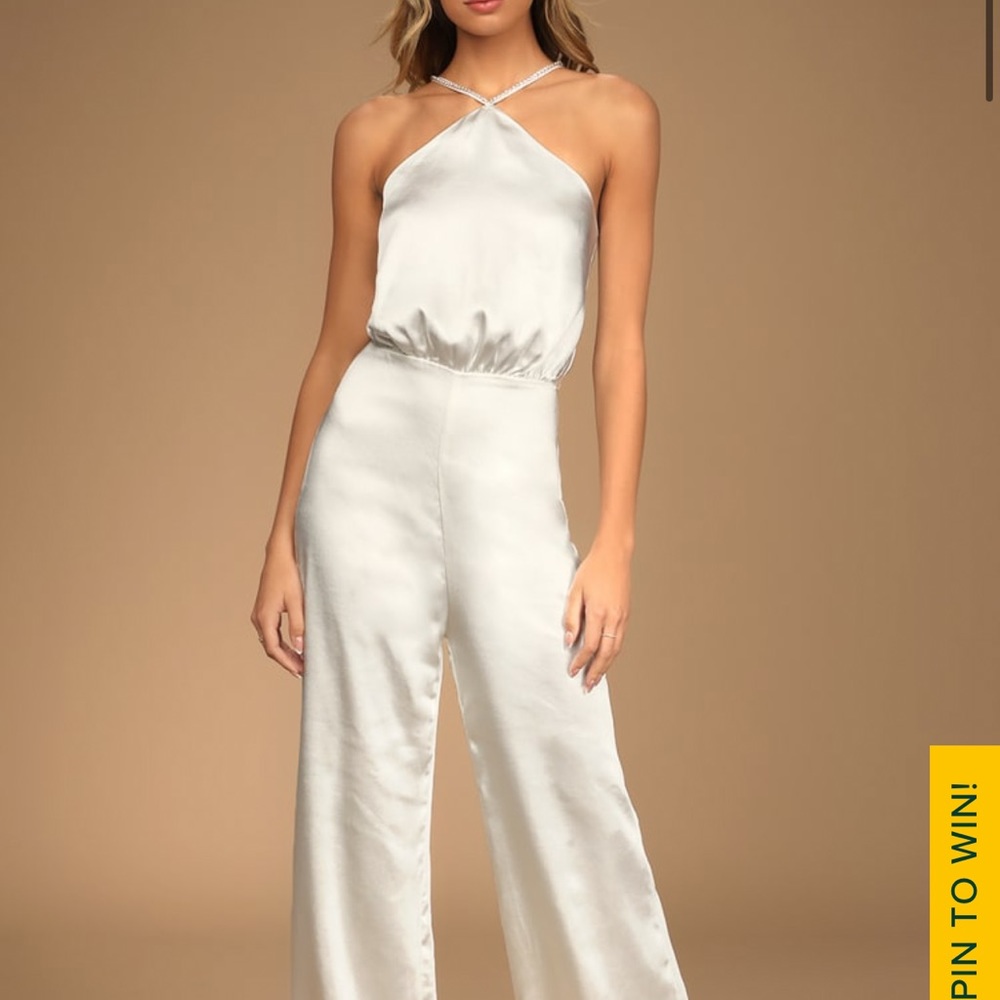 Lulu’s Wedding Dose of Romance Ivory Satin Halter Wide-Leg jumpsuit